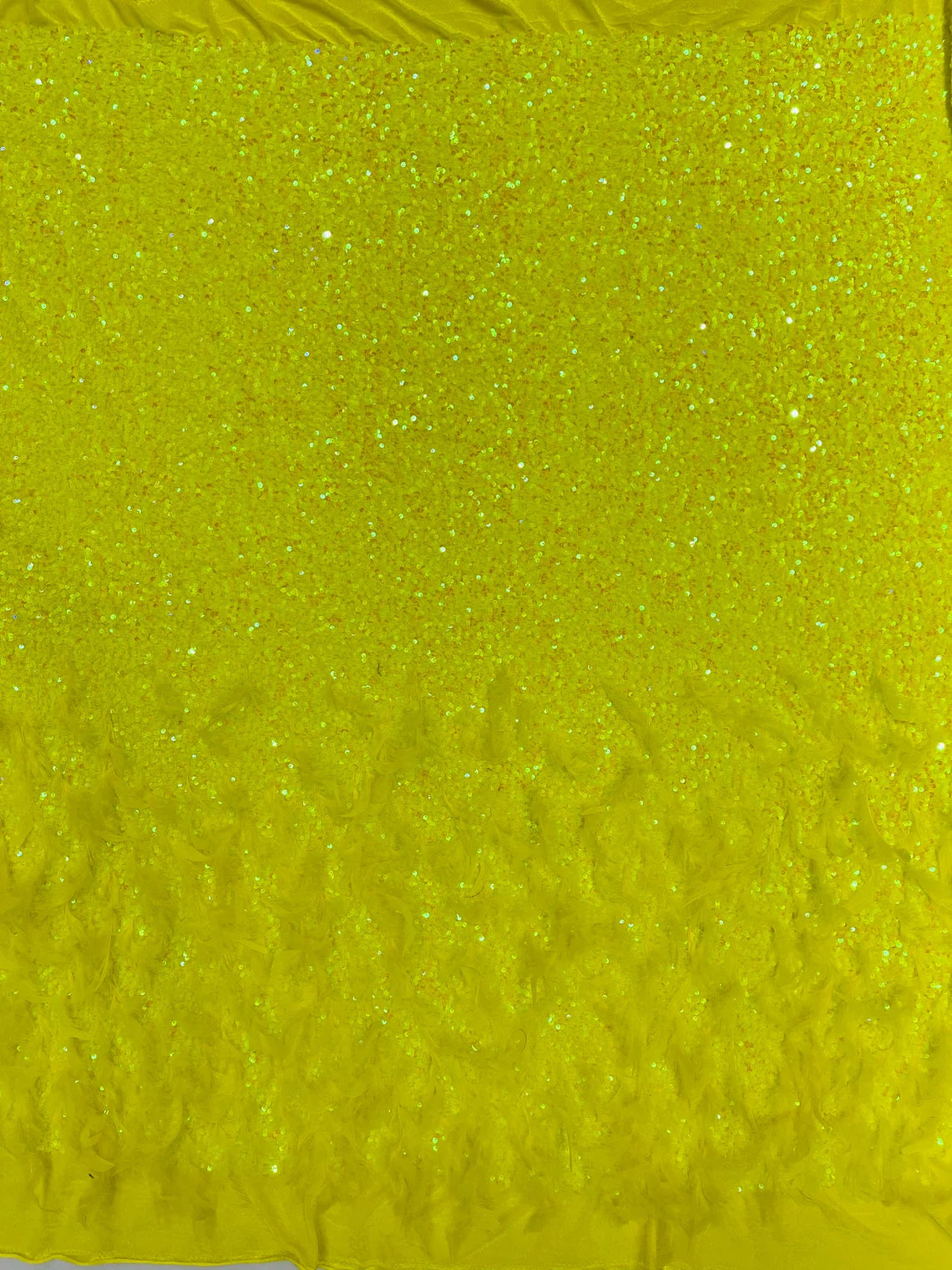 Feather Sequin Velvet Fabric - Yellow Iridescent - 5mm Sequins Velvet 2 Way Stretch 58/60" Fabric By Yard