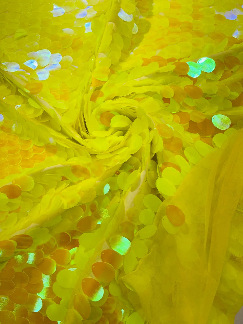 Jumbo Oval Sequins - Yellow Iridescent - Paillette Big Oval Sequins Design Fabric By Yard