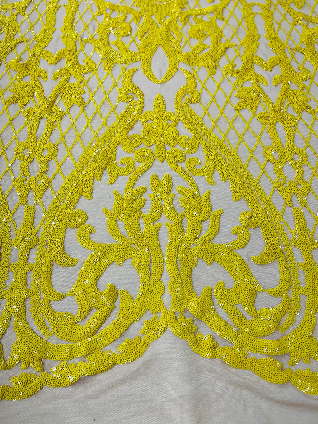Heart Damask Sequins - Yellow on Nude - 4 Way Stretch Elegant Shiny Net Sequins Fabric By Yard