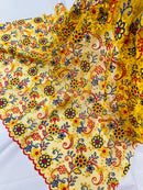 Floral Multi-Color Lace Fabric - Yellow / Red / Blue - Embroidered Design Lace By Yard