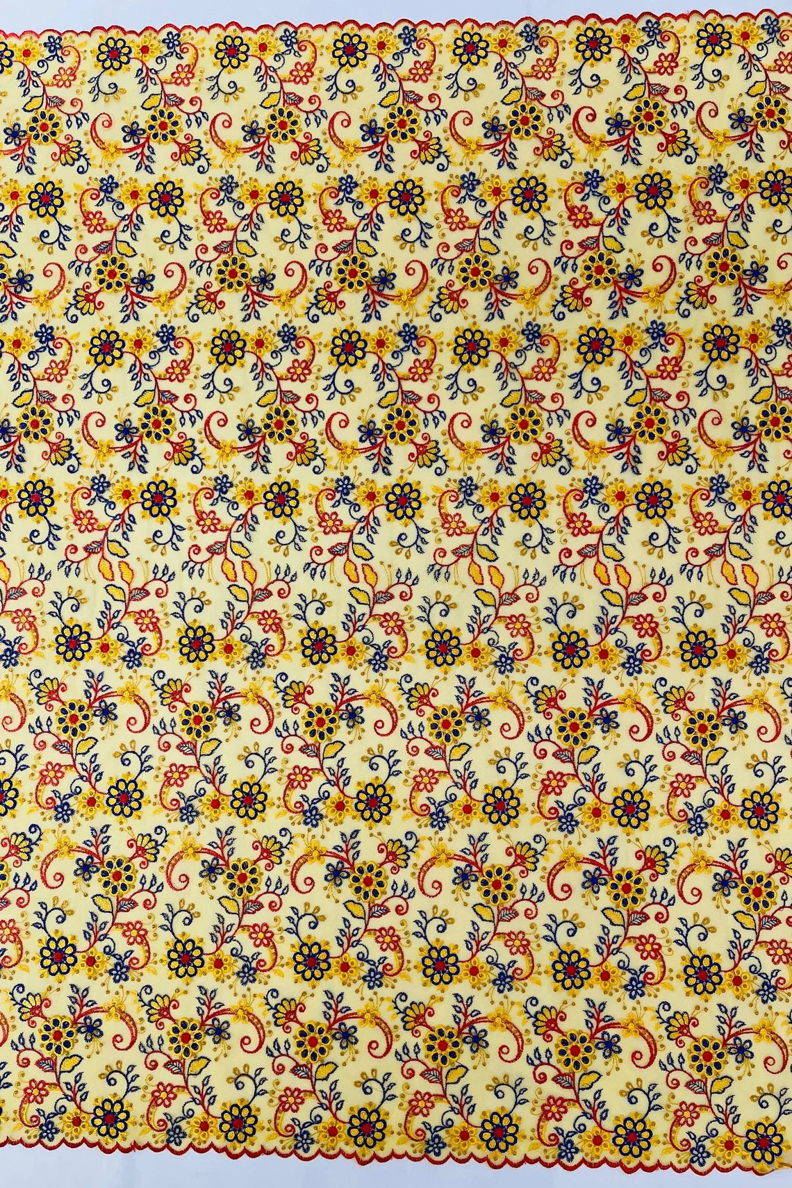 Floral Multi-Color Lace Fabric - Yellow / Red / Blue - Embroidered Design Lace By Yard