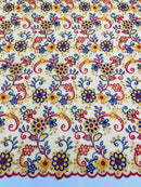 Floral Multi-Color Lace Fabric - Yellow / Red / Blue - Embroidered Design Lace By Yard