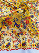 Floral Multi-Color Lace Fabric - Yellow / Red / Blue - Embroidered Design Lace By Yard