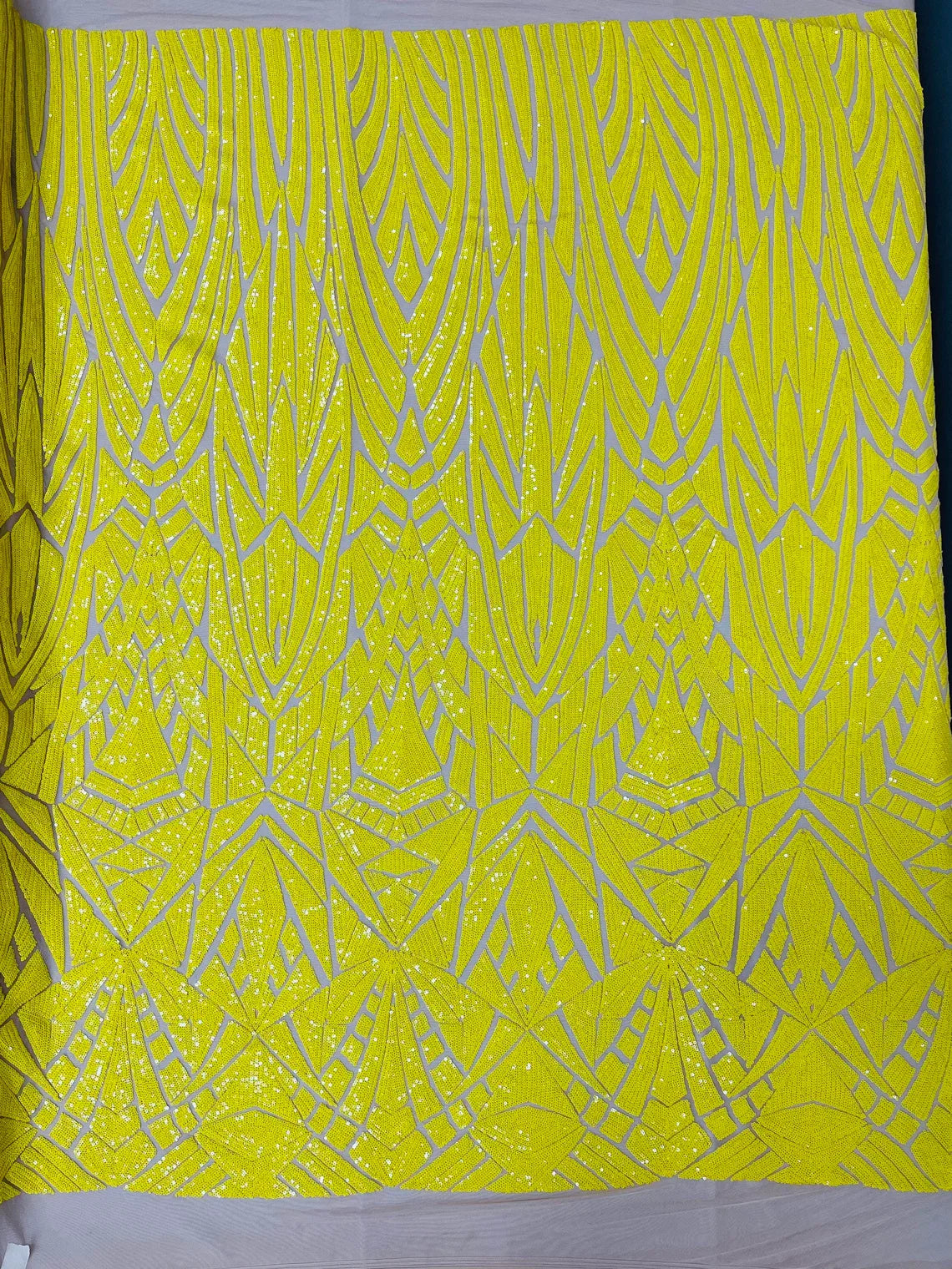 Geometric Fabric - Yellow on Yellow - Geometric Sequins Pattern Design 4 Way Stretch Sold By Yard