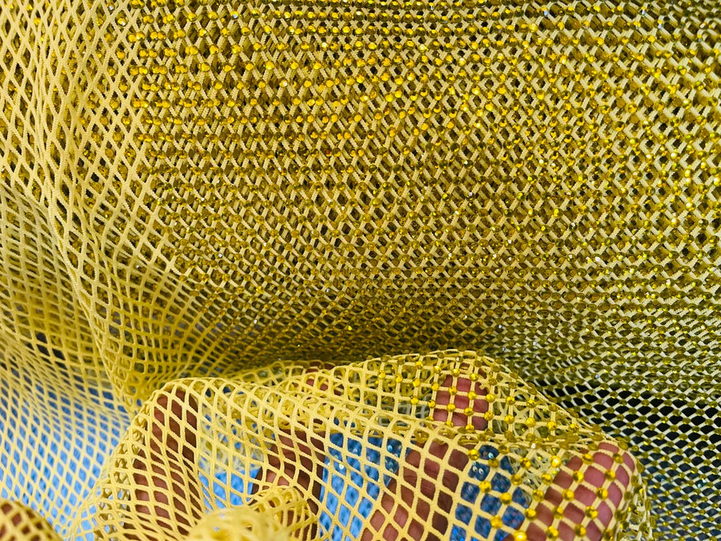 Fish Net Spandex Rhinestone Fabric - Yellow - Solid Spandex Fish Net Design Fabric with Rhinestones by Yard
