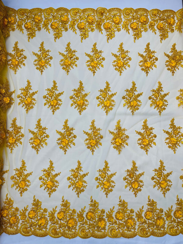 3D Floral Fabric with Floral Border - Yellow - Embroidered Floral Fabric with Sequin and Beads By Yard