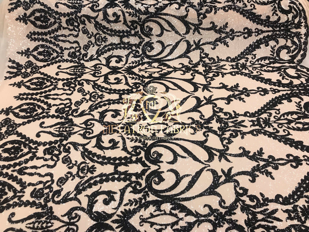 Two Tone Sequins - Nude / Black - 4 Way Stretch Fancy Sequins Design Mesh Fabric Sold By The Yard