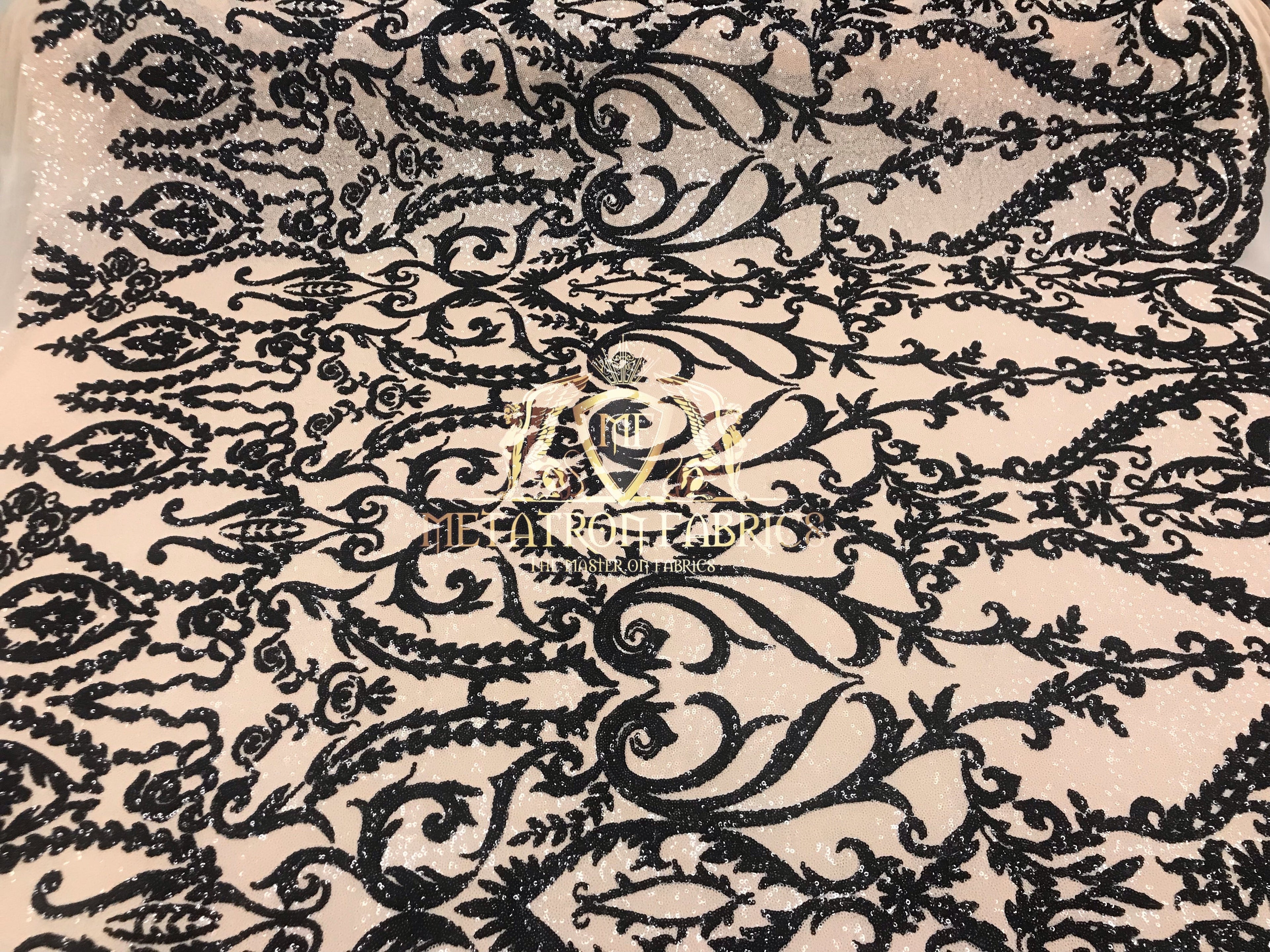 Two Tone Sequins - Nude / Black - 4 Way Stretch Fancy Sequins Design Mesh Fabric Sold By The Yard