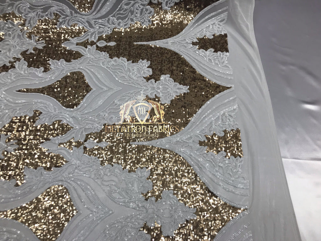 4 Way Stretch - White and Gold - Two Tone Flower Design Sequins On Stretch Mesh By The Yard