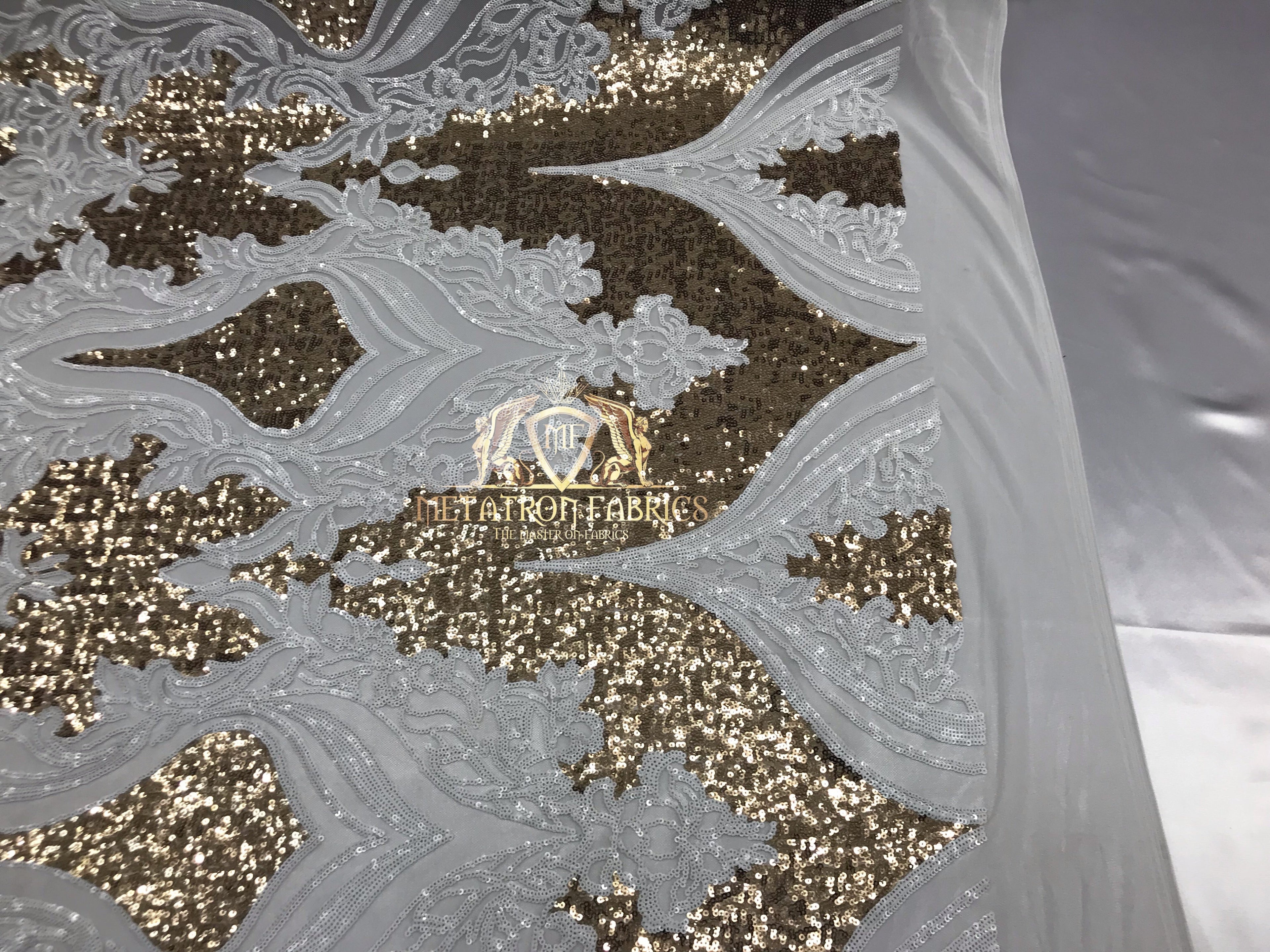 4 Way Stretch - White and Gold - Two Tone Flower Design Sequins On Stretch Mesh By The Yard