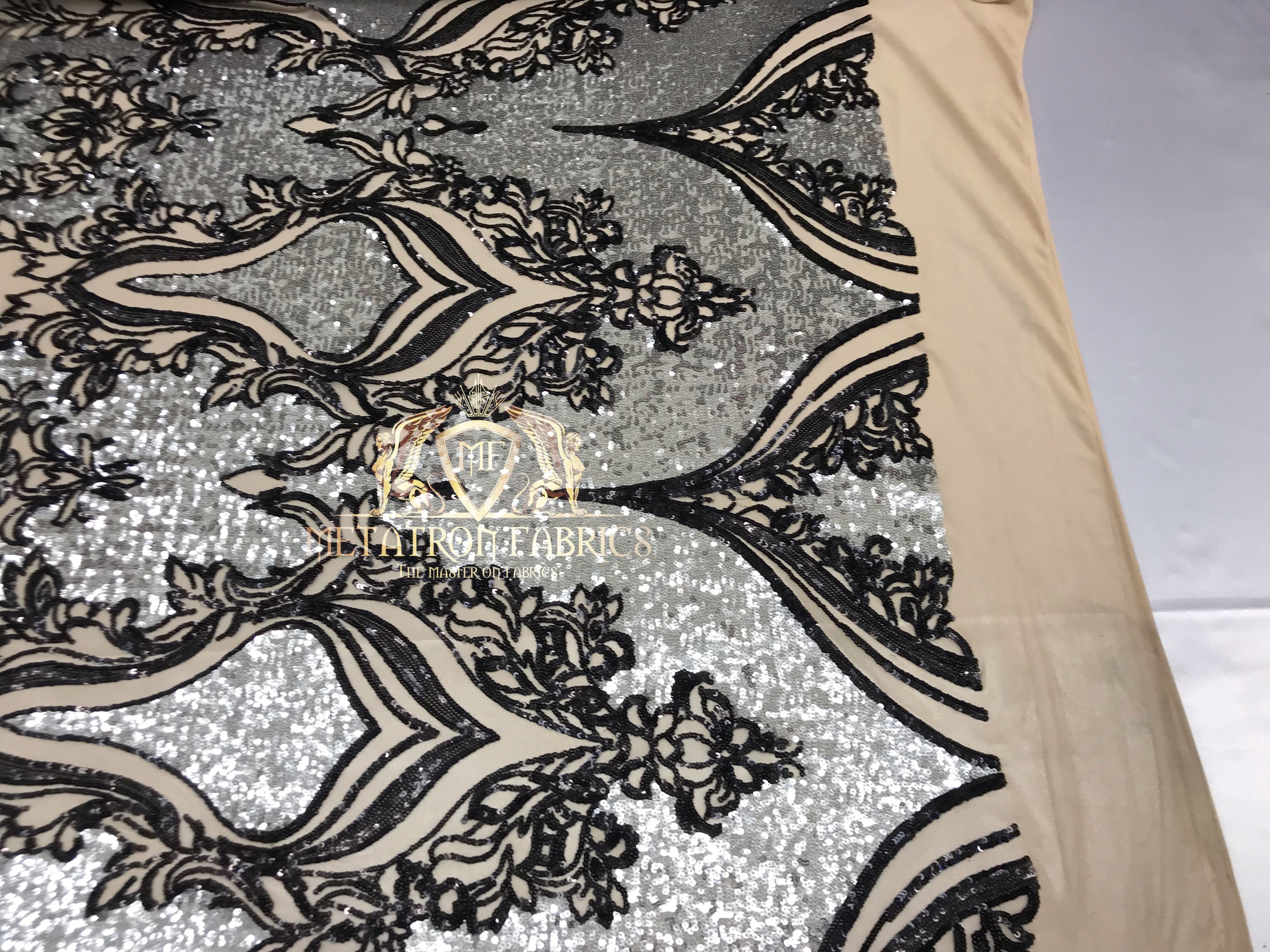 4 Way Stretch - Silver and Black - Two Tone Flower Design Sequins On Stretch Mesh By The Yard