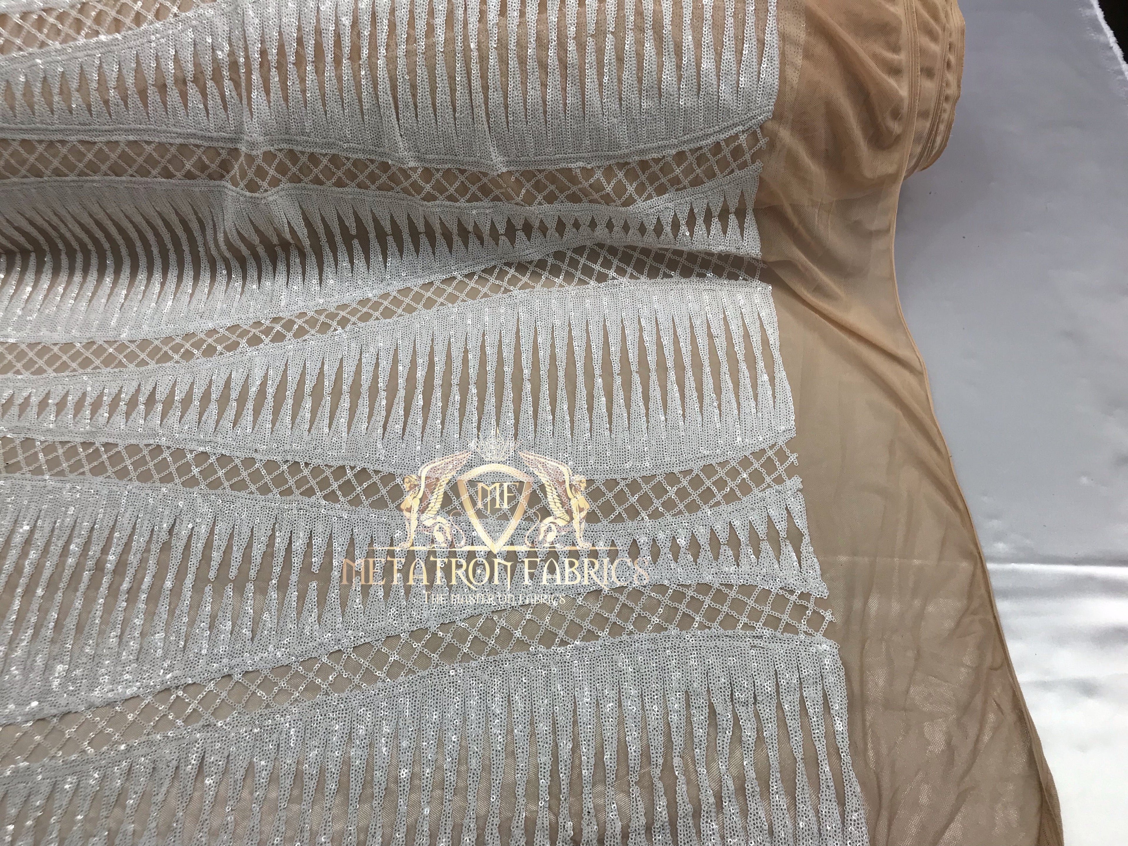 4 Way Stretch - White on Nude Mesh - Horizontal Line Design Sequins On Stretch Mesh By The Yard
