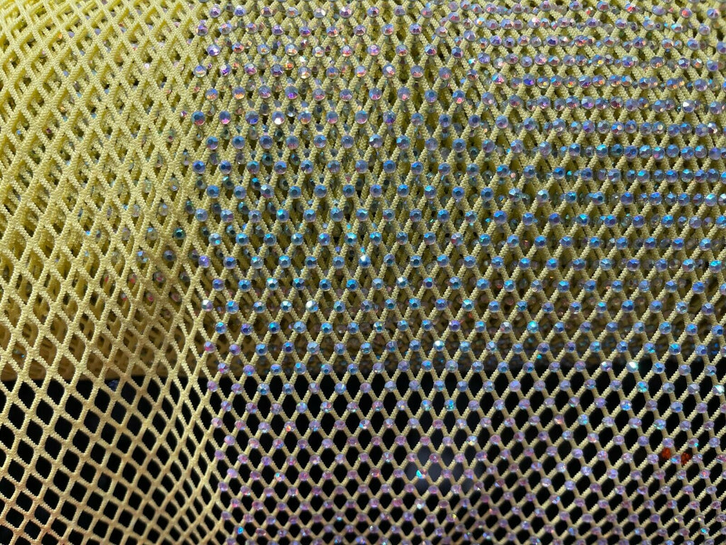 Iridescent Rhinestones Fabric On Yellow Stretch Net Fabric, Fish Net with Crystal Stones by yard