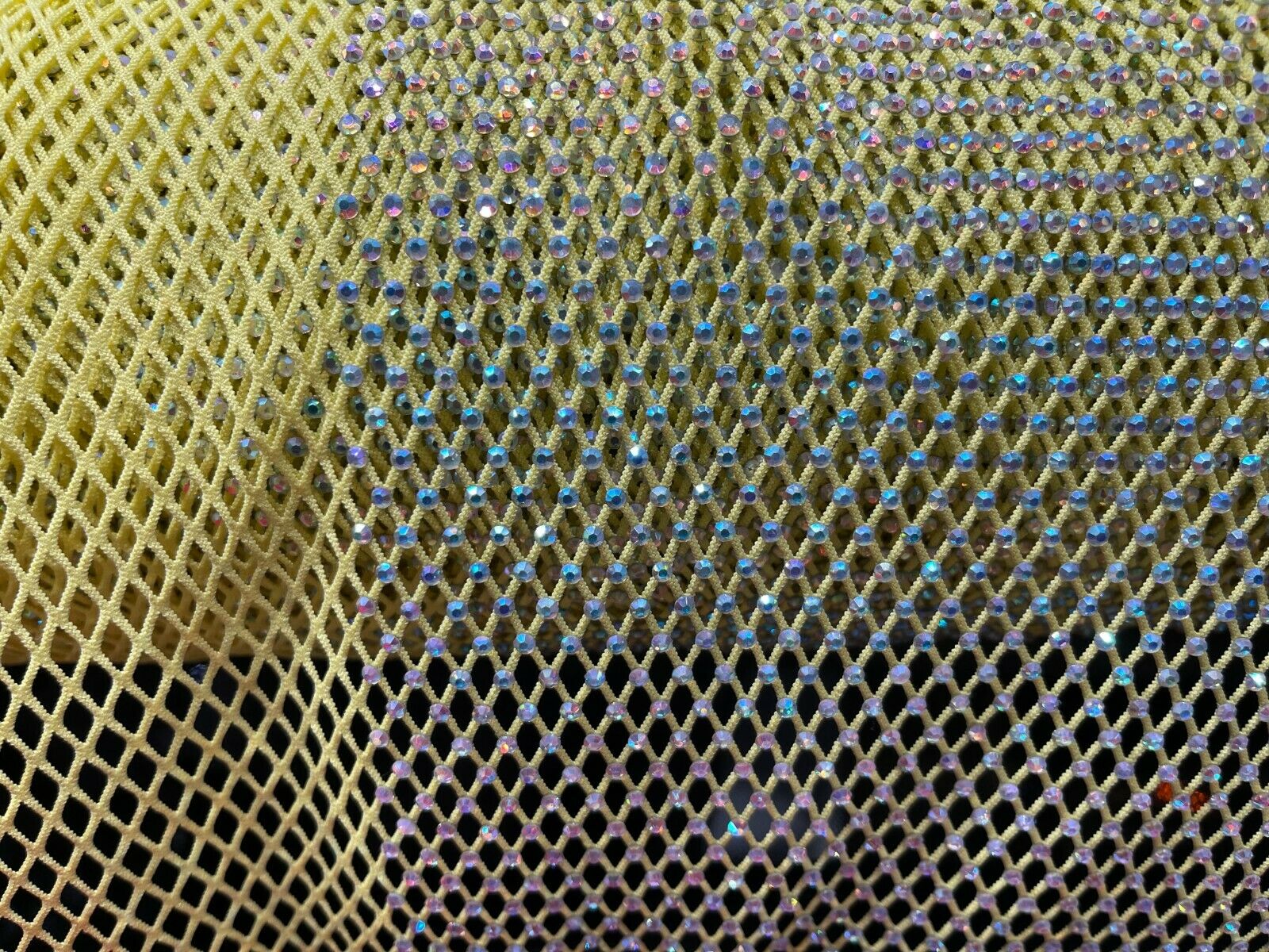 Iridescent Rhinestones Fabric On Stretch Net Fabric, Fish Net with Crystal Stones by yard