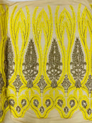 Damask Palm Leaf Design - Yellow / Matte Gold - 4 Way Stretch Sequin Fabric on Mesh Sold By Yard