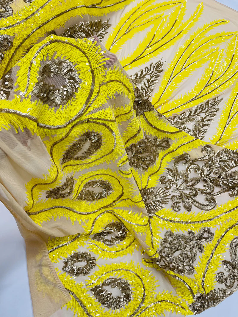 Damask Palm Leaf Design - Yellow / Matte Gold - 4 Way Stretch Sequin Fabric on Mesh Sold By Yard