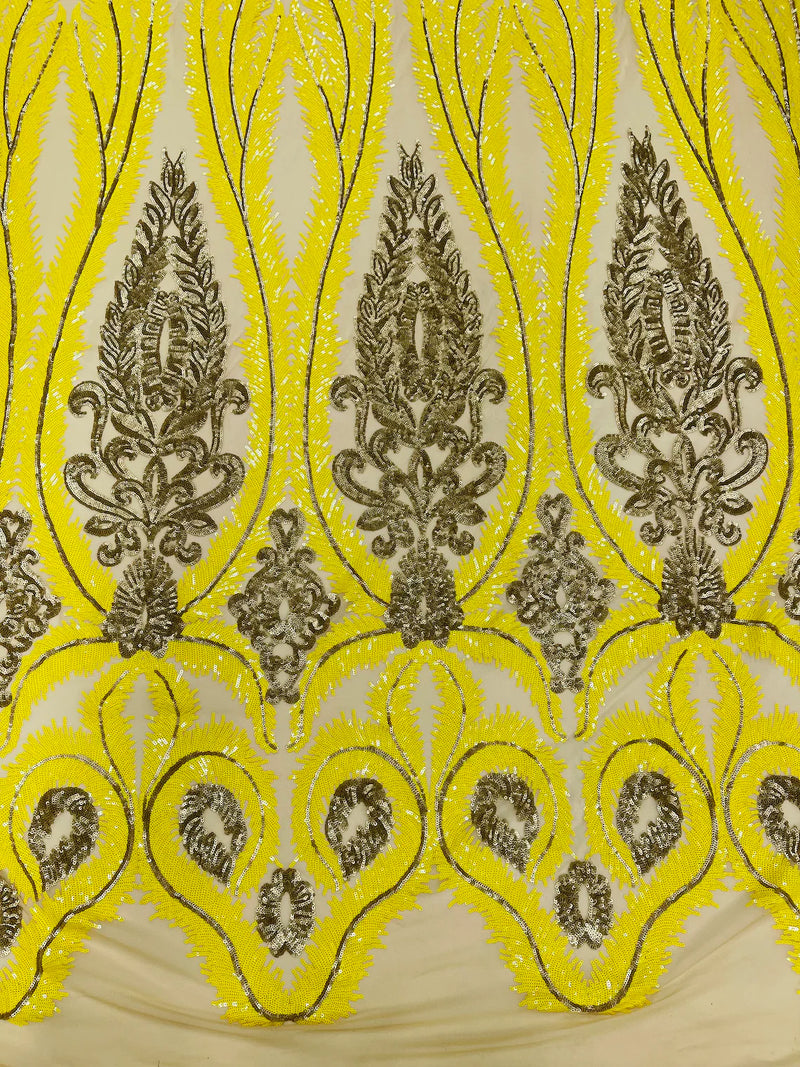 Damask Palm Leaf Design - Yellow / Matte Gold - 4 Way Stretch Sequin Fabric on Mesh Sold By Yard