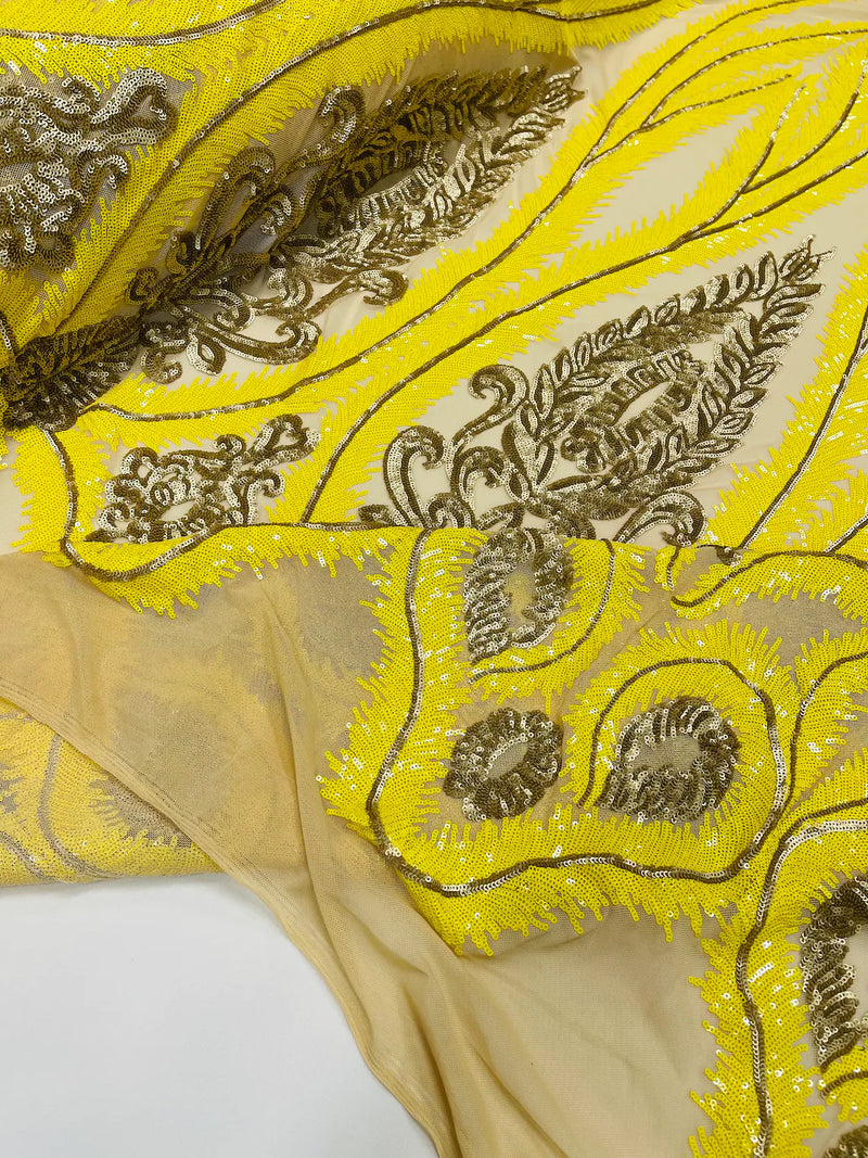 Damask Palm Leaf Design - Yellow / Matte Gold - 4 Way Stretch Sequin Fabric on Mesh Sold By Yard
