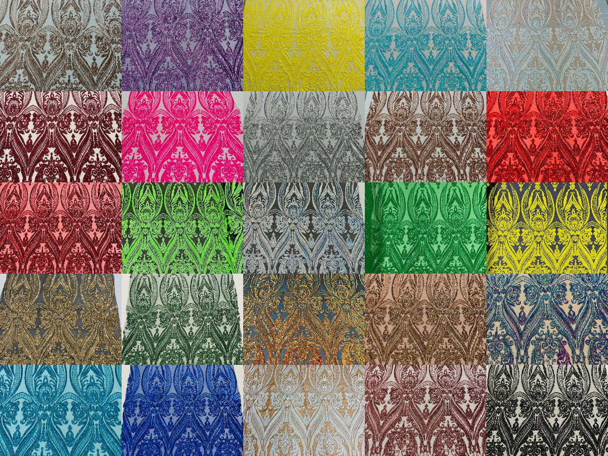 Damask Sequins Fabric - 4 Way Stretch Big Damask Sequins Fabric - Pick Color - 25 Yard Roll