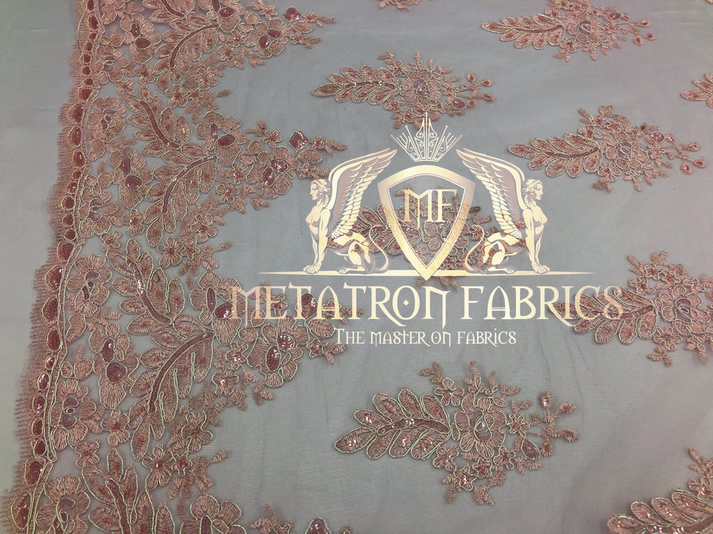 Lace Fabric - Blush Peach - Corded Flowers Embroidery With Sequins On Mesh Sold By The Yard
