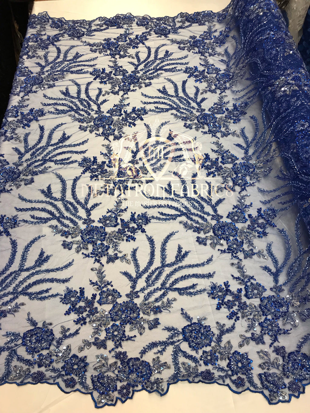 Beaded - Royal Blue - Fancy Flower Design Sequins Fabric with Beads Sold By The Yard