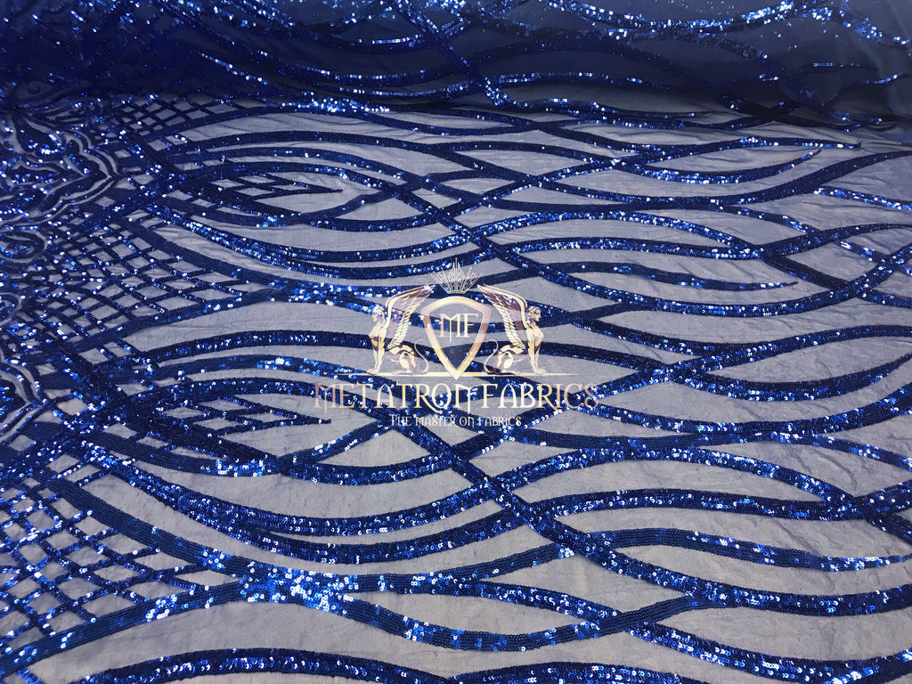 4 Way Stretch - Royal Blue - Vines Design Sequins Fabric Embroidered On Mesh Sold By The Yard