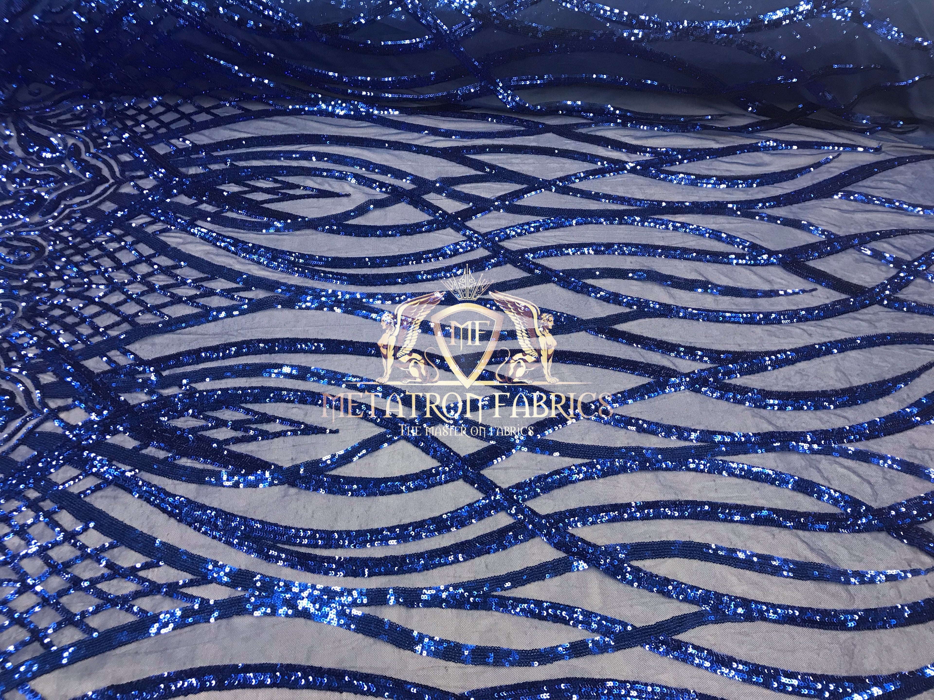 4 Way Stretch - Royal Blue - Vines Design Sequins Fabric Embroidered On Mesh Sold By The Yard