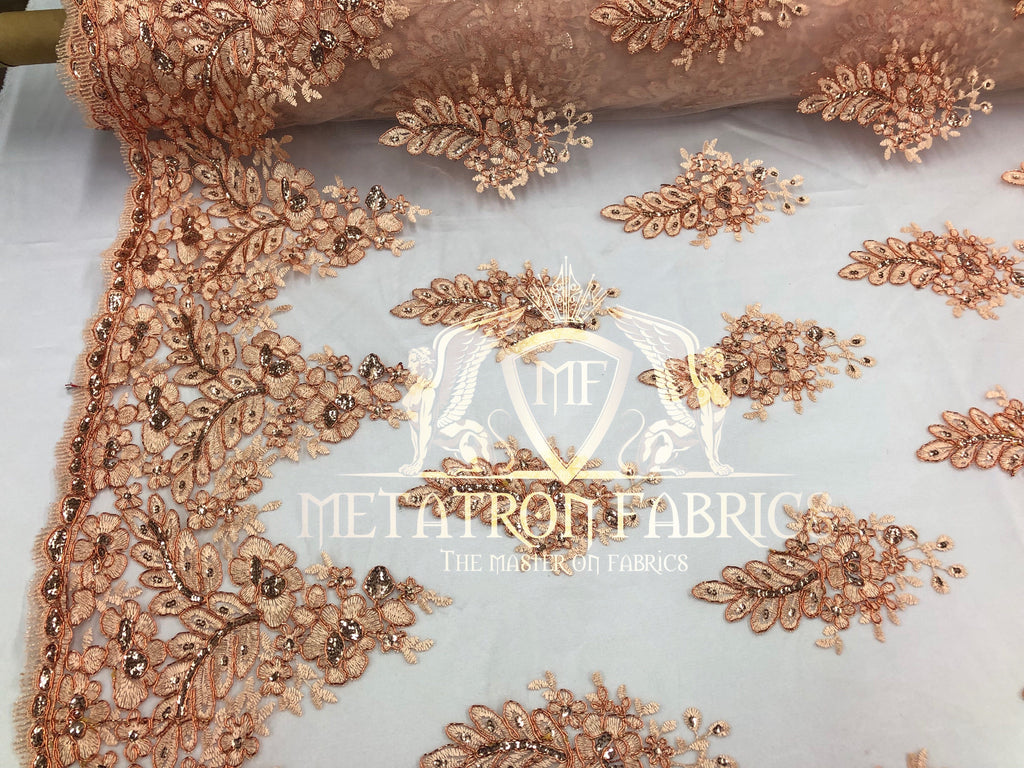 Lace Fabric - Blush Peach - Corded Flowers Embroidery With Sequins On Mesh Sold By The Yard