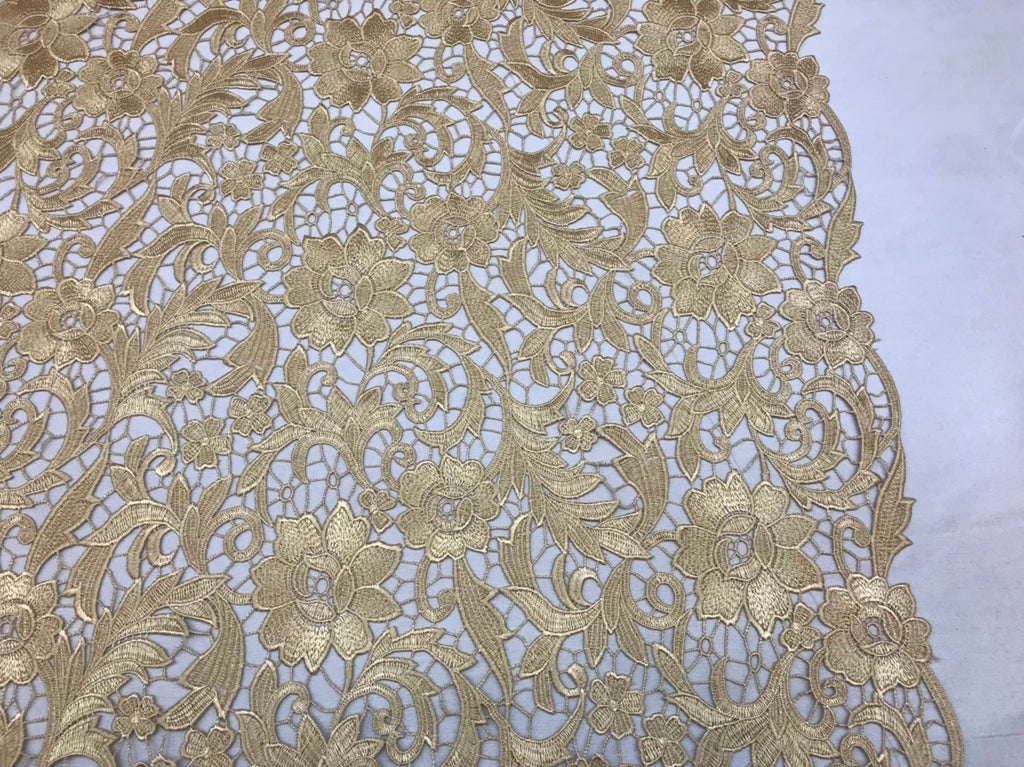 Guipure Lace Fabric - Gold - Embroidered Floral Bridal Lace Guipure Wedding Dress By The Yard