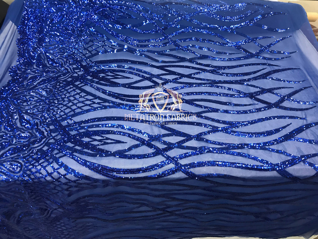 4 Way Stretch - Royal Blue - Vines Design Sequins Fabric Embroidered On Mesh Sold By The Yard