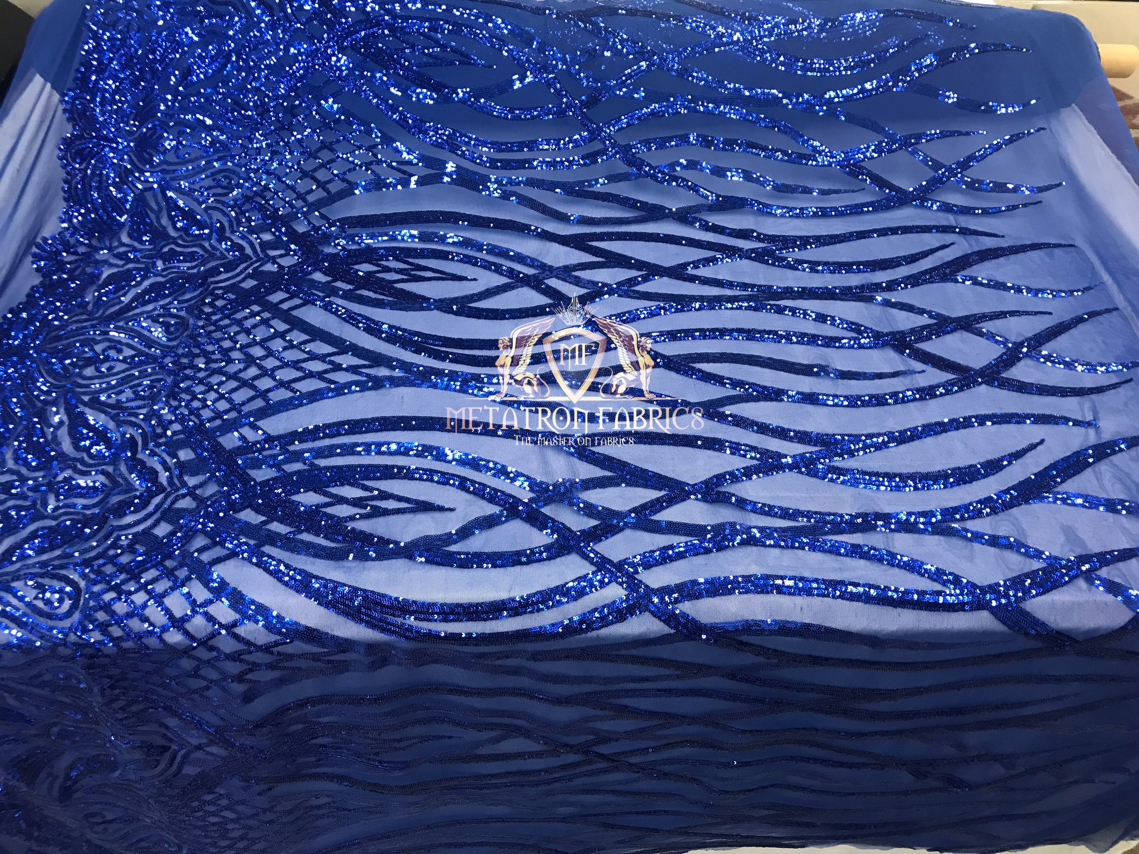 4 Way Stretch - Royal Blue - Vines Design Sequins Fabric Embroidered On Mesh Sold By The Yard