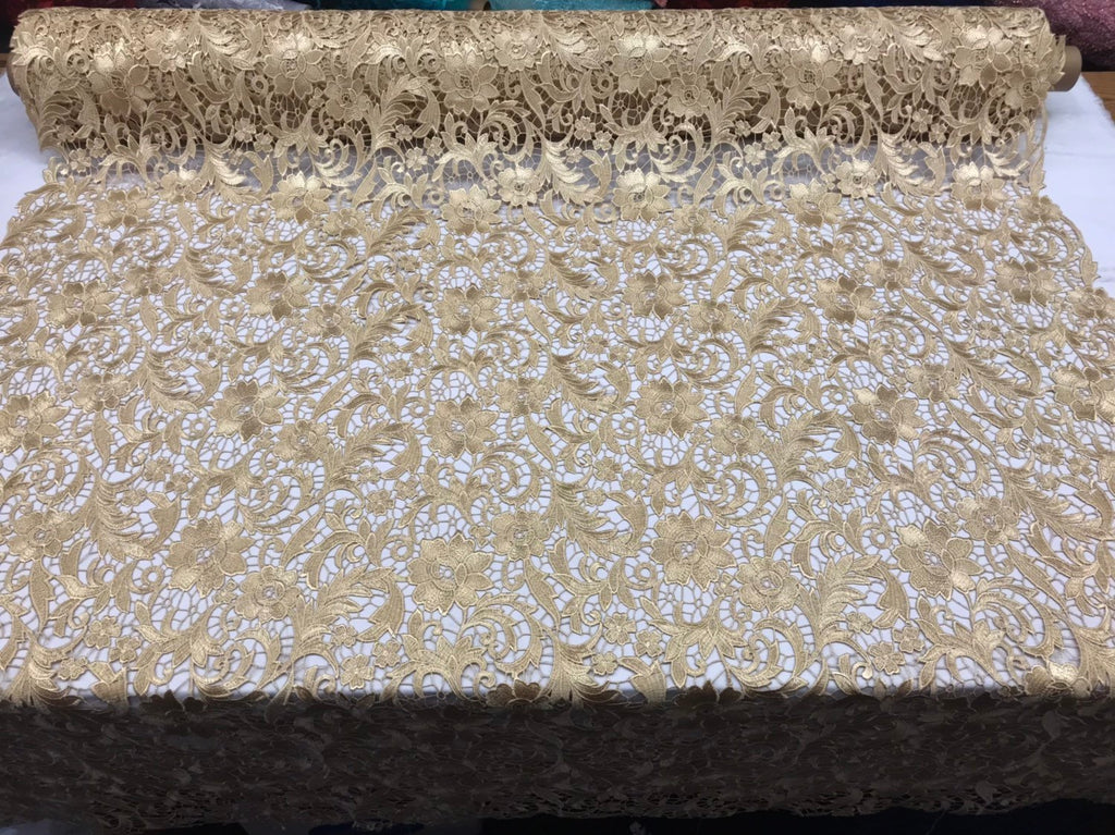Guipure Lace Fabric - Gold - Embroidered Floral Bridal Lace Guipure Wedding Dress By The Yard