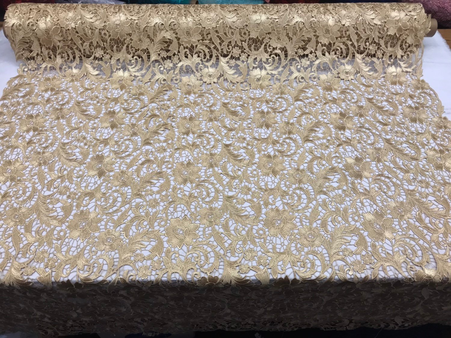 Guipure Lace Fabric - Gold - Embroidered Floral Bridal Lace Guipure Wedding Dress By The Yard