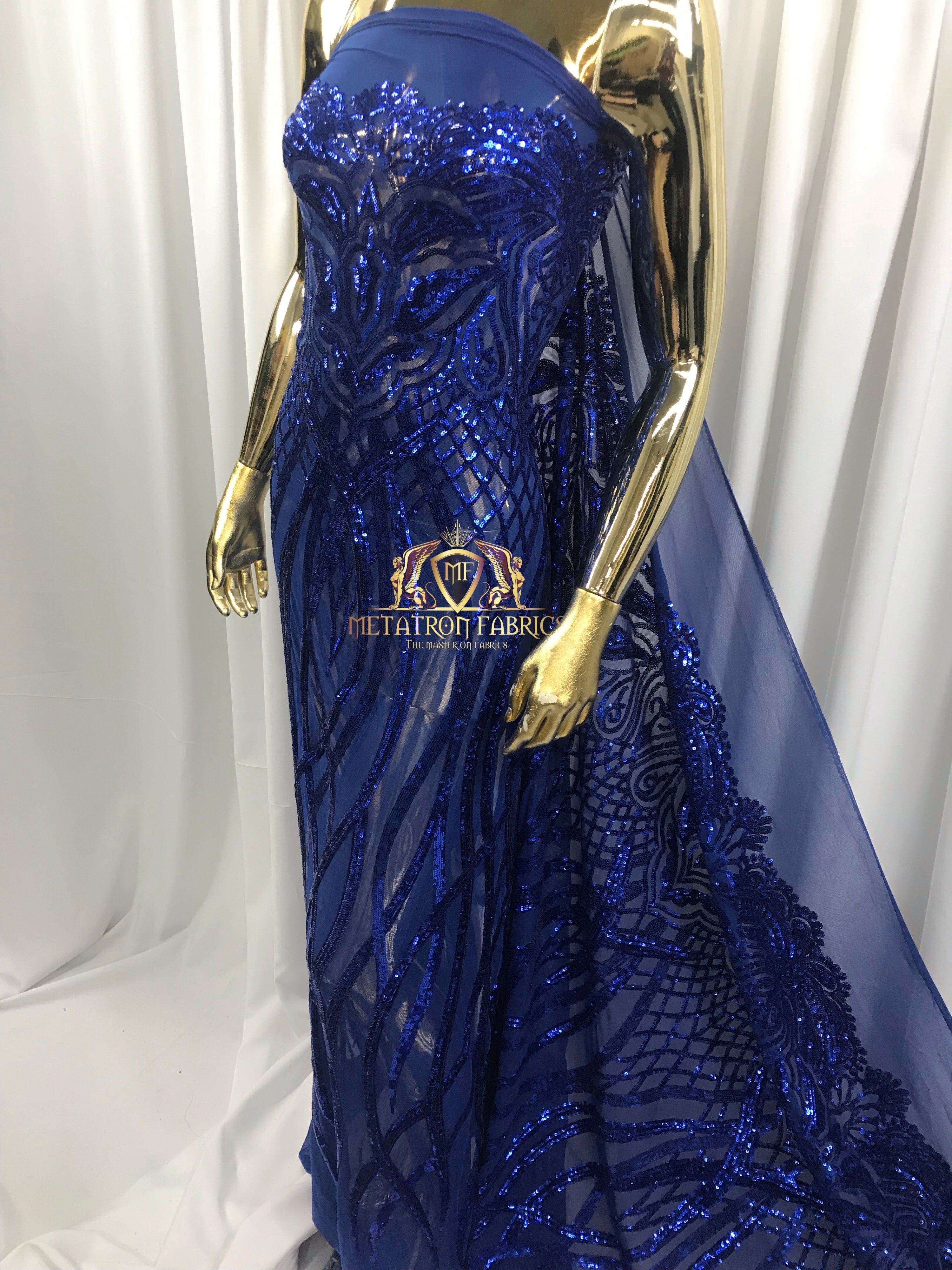 4 Way Stretch - Royal Blue - Vines Design Sequins Fabric Embroidered On Mesh Sold By The Yard