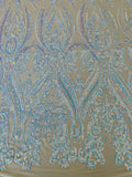 Big Damask Sequins Fabric - Aqua Iridescent - 4 Way Stretch Damask Sequins Design Fabric By Yard