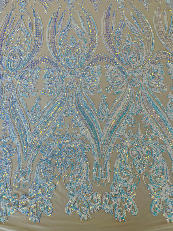 Big Damask Sequins Fabric - Aqua Iridescent - 4 Way Stretch Damask Sequins Design Fabric By Yard