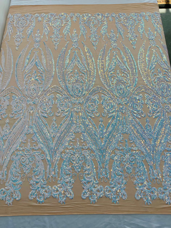 Big Damask Sequins Fabric - Aqua Iridescent - 4 Way Stretch Damask Sequins Design Fabric By Yard