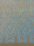 Big Damask Sequins Fabric - Aqua Iridescent - 4 Way Stretch Damask Sequins Design Fabric By Yard