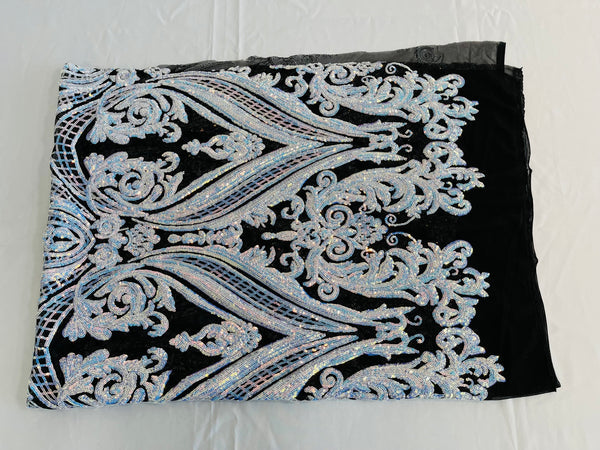 Big Damask Sequins Fabric - Aqua Iridescent - 4 Way Stretch Damask Sequins Design Fabric By Yard