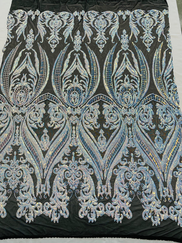Big Damask Sequins Fabric - Aqua Iridescent - 4 Way Stretch Damask Sequins Design Fabric By Yard