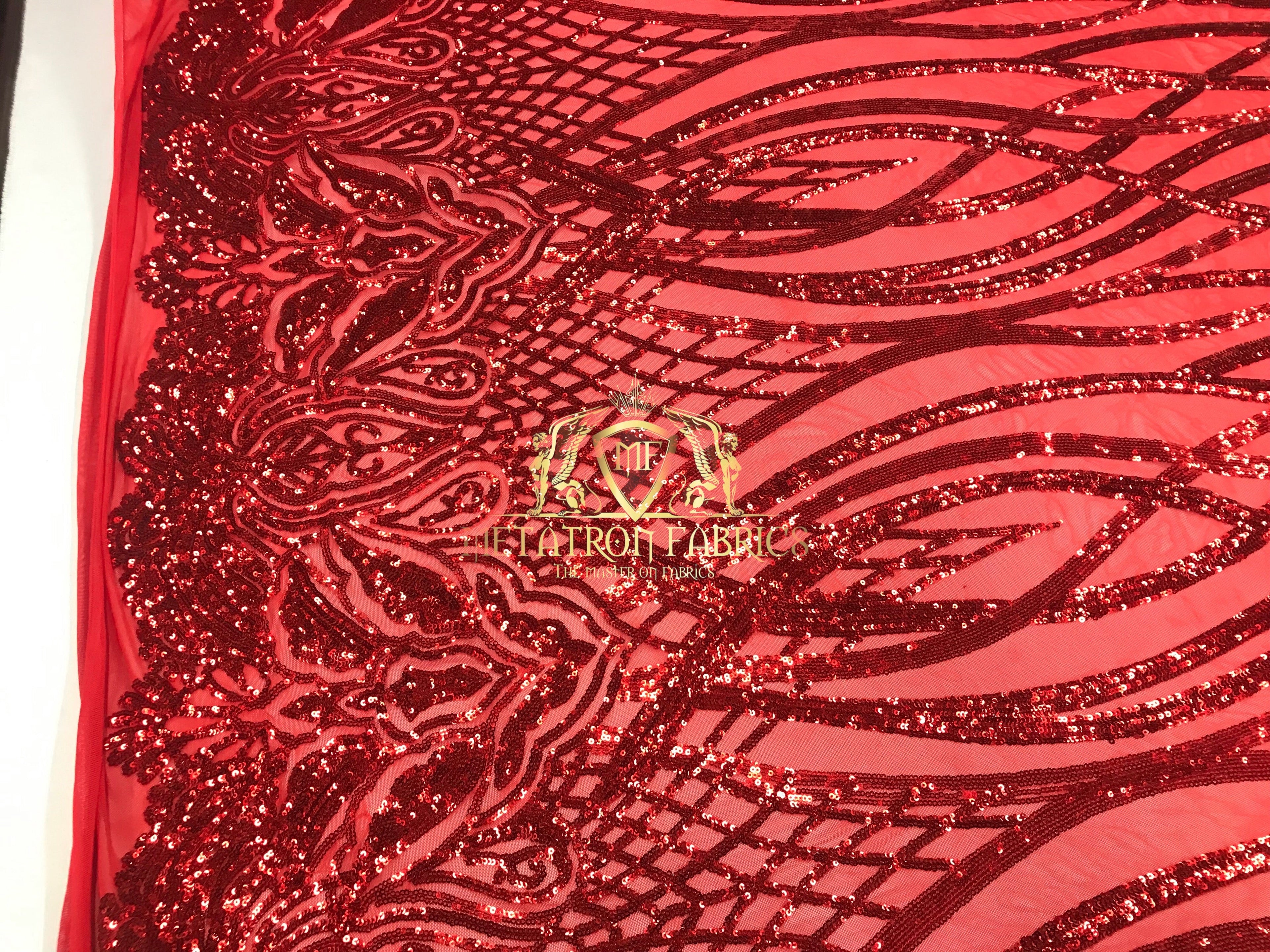 4 Way Stretch - Red - Vines Design Sequins Fabric Embroidered On Mesh Sold By The Yard