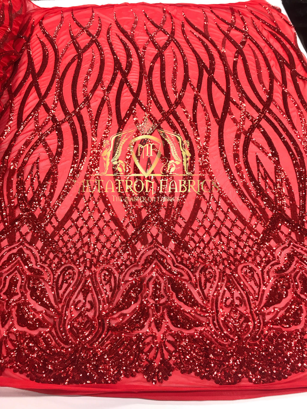 4 Way Stretch - Red - Vines Design Sequins Fabric Embroidered On Mesh Sold By The Yard