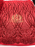 4 Way Stretch - Red - Vines Design Sequins Fabric Embroidered On Mesh Sold By The Yard