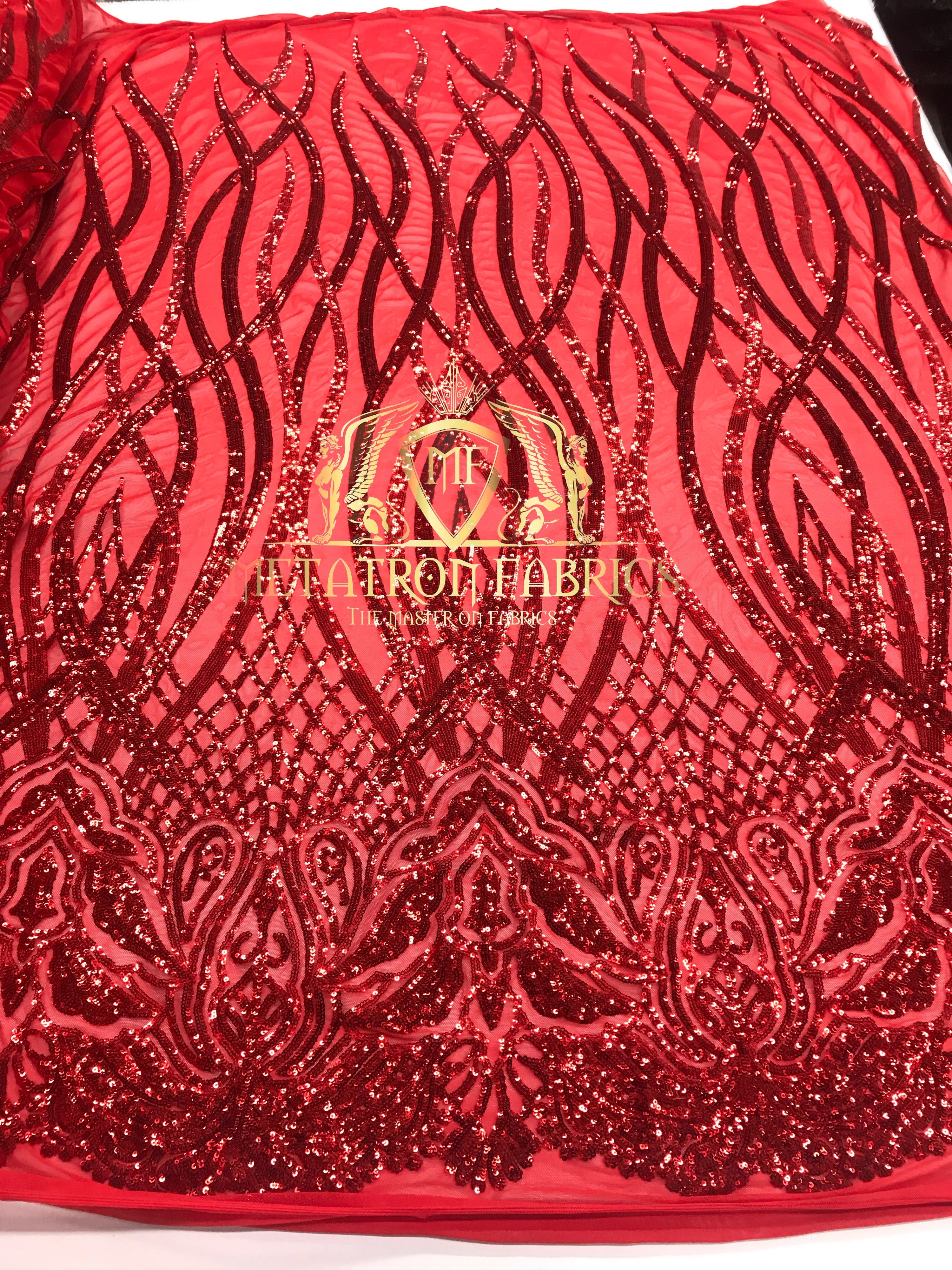 4 Way Stretch - Red - Vines Design Sequins Fabric Embroidered On Mesh Sold By The Yard