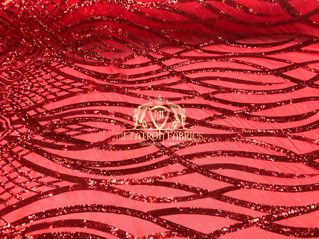 4 Way Stretch - Red - Vines Design Sequins Fabric Embroidered On Mesh Sold By The Yard