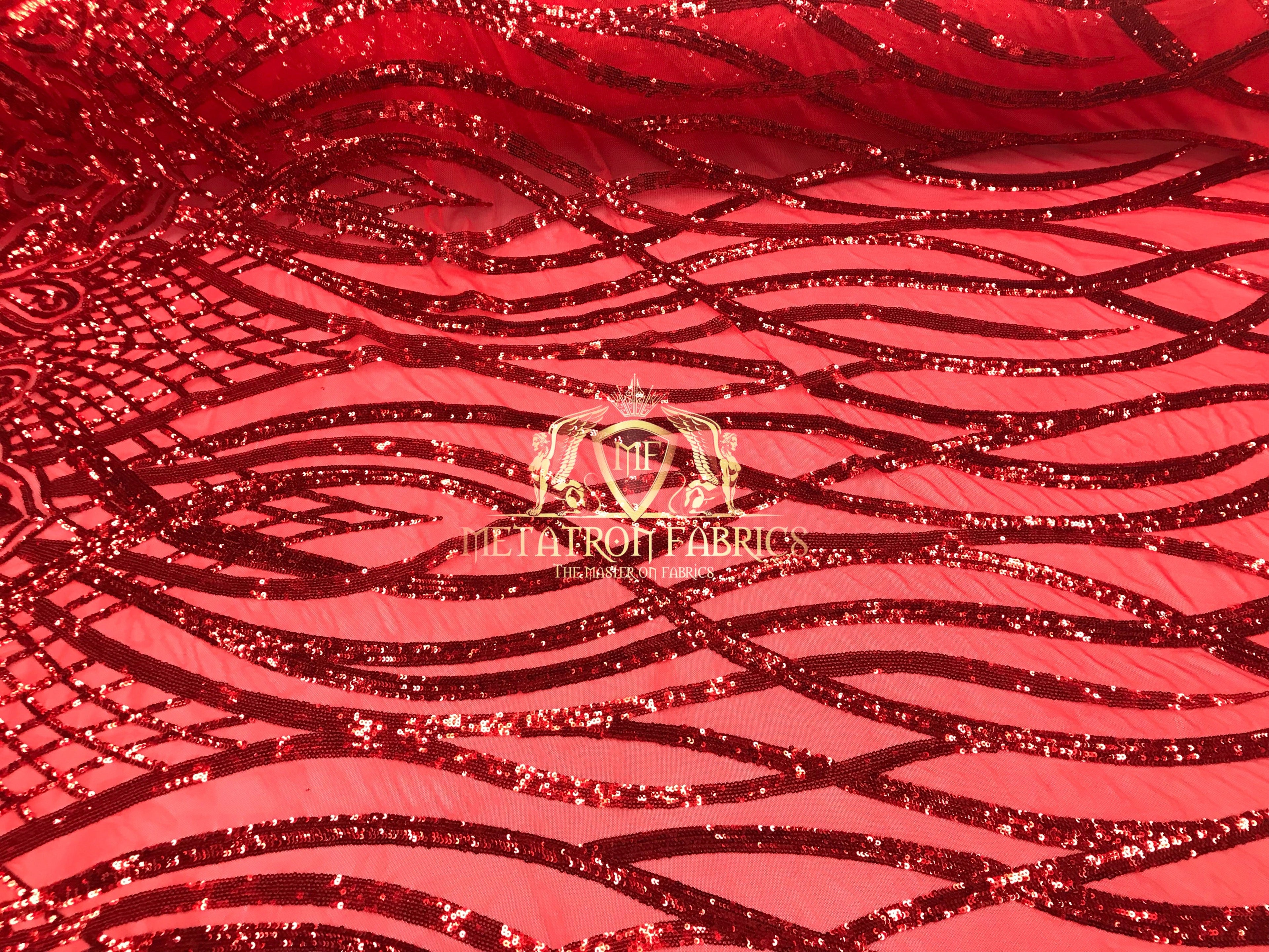 4 Way Stretch - Red - Vines Design Sequins Fabric Embroidered On Mesh Sold By The Yard