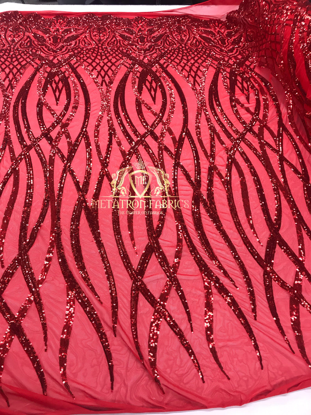 4 Way Stretch - Red - Vines Design Sequins Fabric Embroidered On Mesh Sold By The Yard
