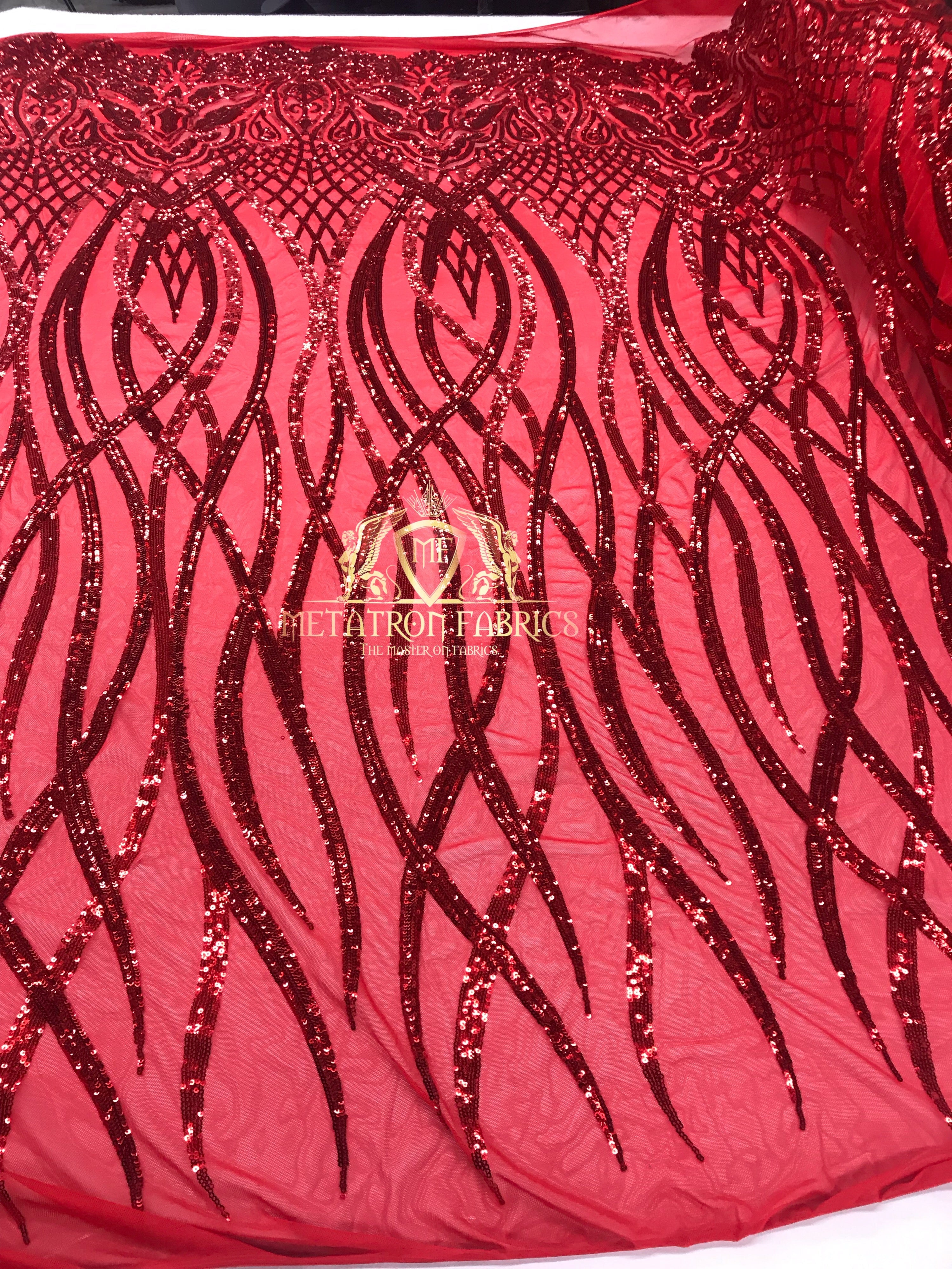 4 Way Stretch - Red - Vines Design Sequins Fabric Embroidered On Mesh Sold By The Yard