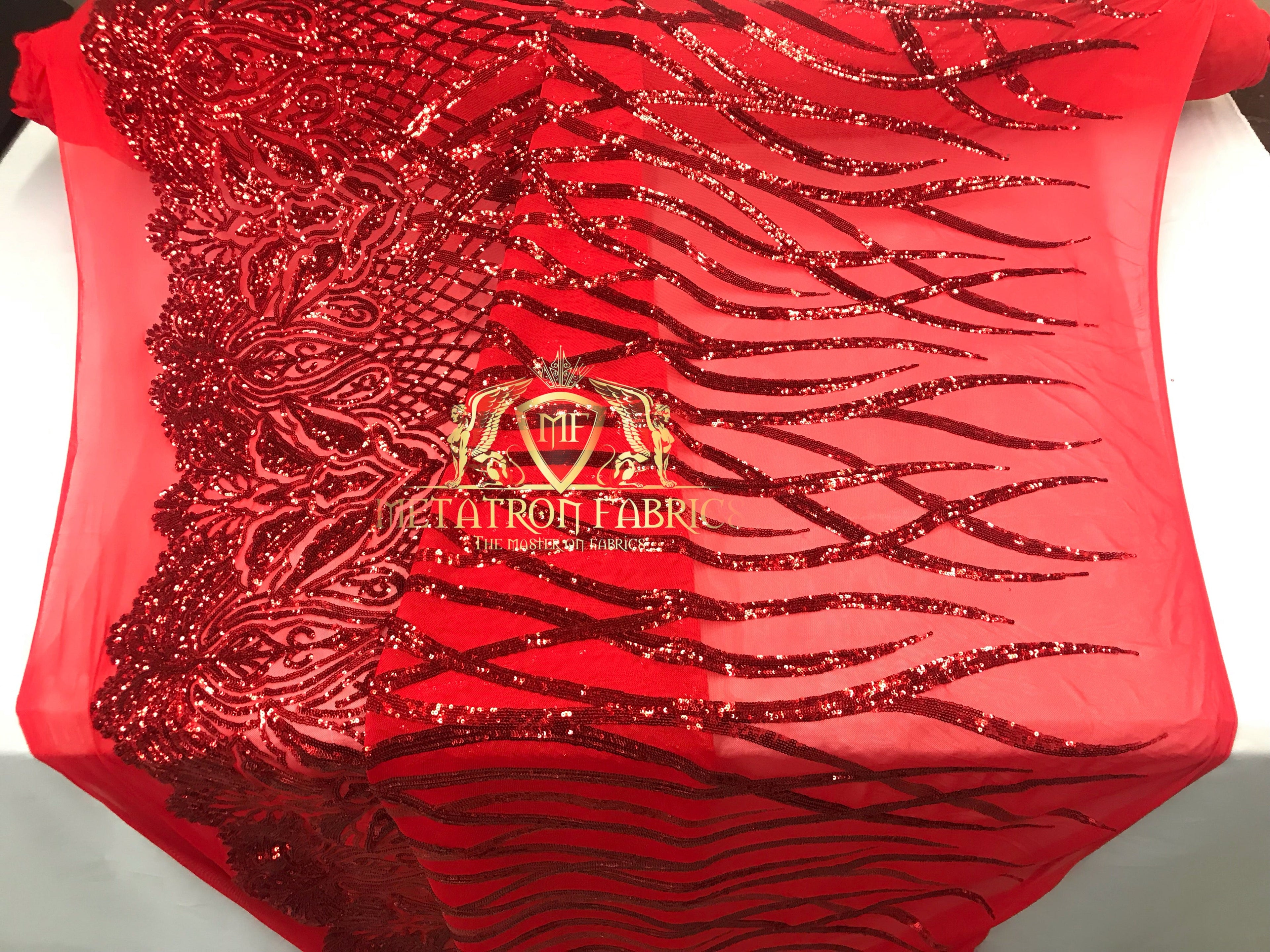 4 Way Stretch - Red - Vines Design Sequins Fabric Embroidered On Mesh Sold By The Yard