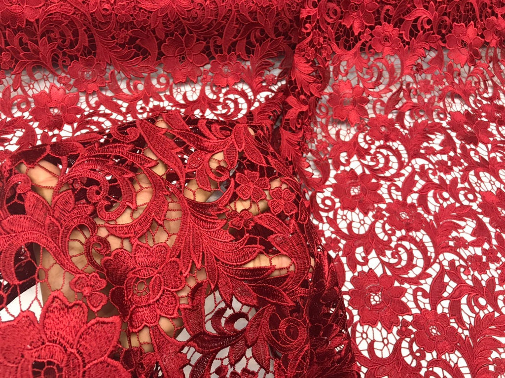 Guipure Lace Fabric Burgundy - Embroidered Floral Bridal Lace Guipure Wedding Dress By The Yard